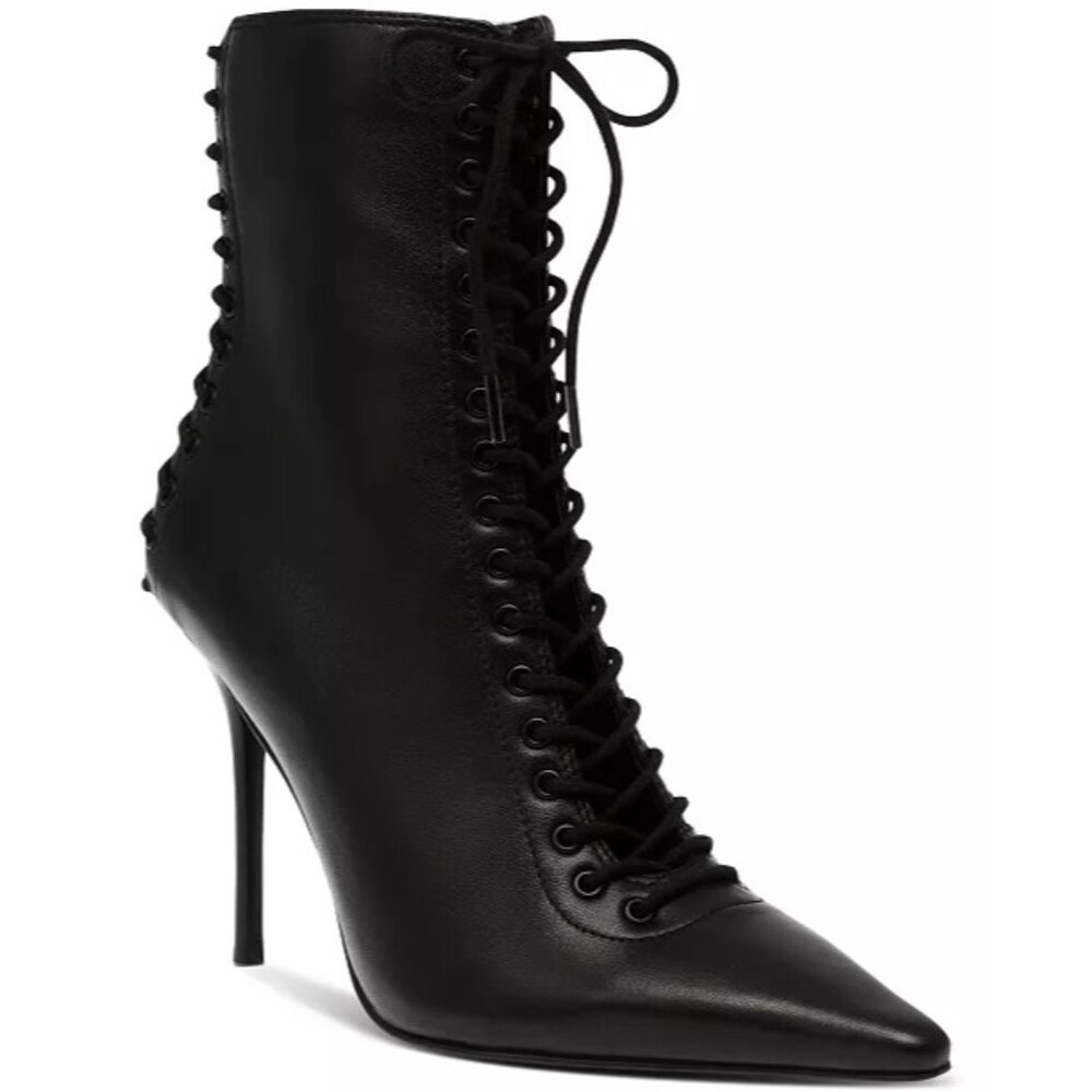 Steve Madden Allnight Lace-Up Stiletto Dress black leather Booties size 8.5